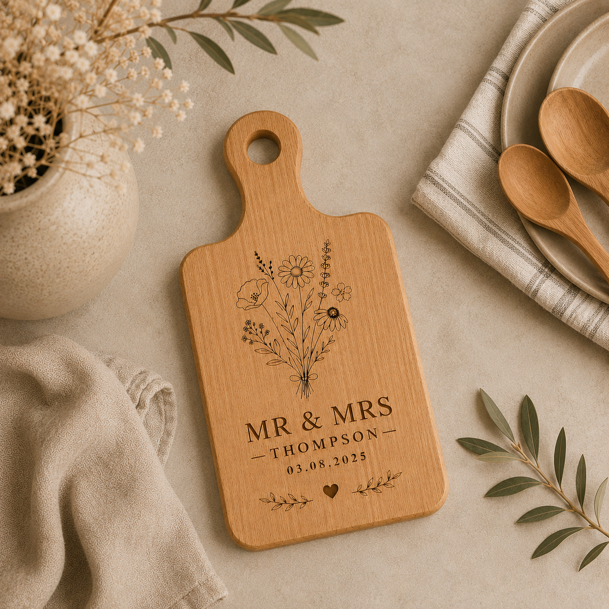 Personalised Wooden Flower Serving Board with Handle